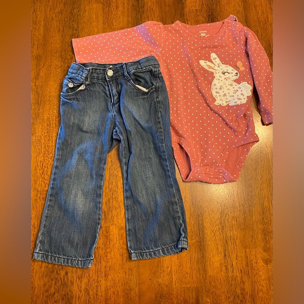 Gymboree jeans, size 18–24 month and Carter’s bunny shirt, size 18 months